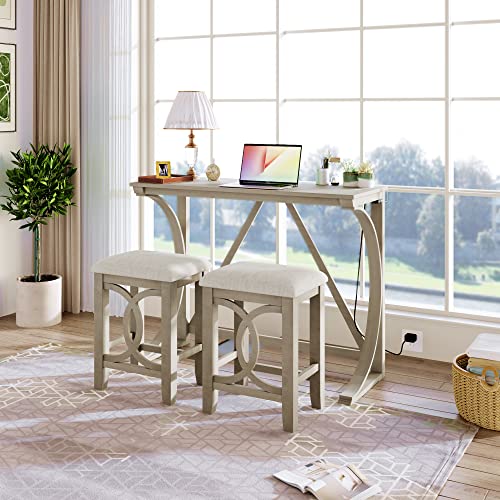 RuiSiSi 3 Piece Counter Height Dining Set, Farmhouse Kitchen Table Set with USB Port and 2 Upholstered Stools, Breakfast Nook Set for Kitchen, Dining Room, Living Room, Milky White - color: Milky White