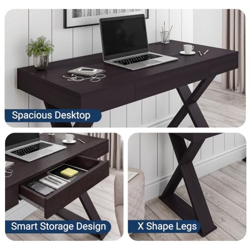 Techni Mobili 47" Trendy Writing Desk w/Drawer,Modern Home Office,Espresso | 47" modern writing desk with storage drawer, sturdy frame, sleek espresso finish, and compact workspace ideal for home office