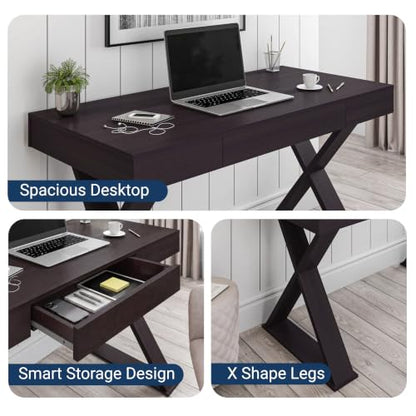 Techni Mobili 47" Trendy Writing Desk w/Drawer,Modern Home Office,Espresso | 47" modern writing desk with storage drawer, sturdy frame, sleek espresso finish, and compact workspace ideal for home office
