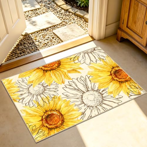 AooHHooA Sunflower Area Rug 2x3, Yellow Floral Rug for Entryway Home Decor | Modern Rustic Small Rug with Non-Slip Backing, Washable Lightweight Rug for Entryway Kitchen Bedroom Bathroom Door Mat - color: Sunflower-1, size: 2' x 3' (Rectangular)