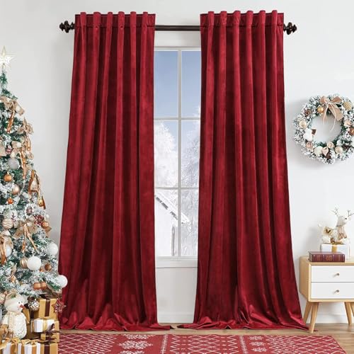Benedeco Burgundy Red Velvet Blackout Curtains 52x63, Back Tab, 2 Panels | Elegant Room Darkening Thermal Insulated Energy Saving Noise Reducing Velvet Window Drapes for Living Room, Bedroom - color: Backtab-red, size: 52"W x 63"L (Pack of 2)