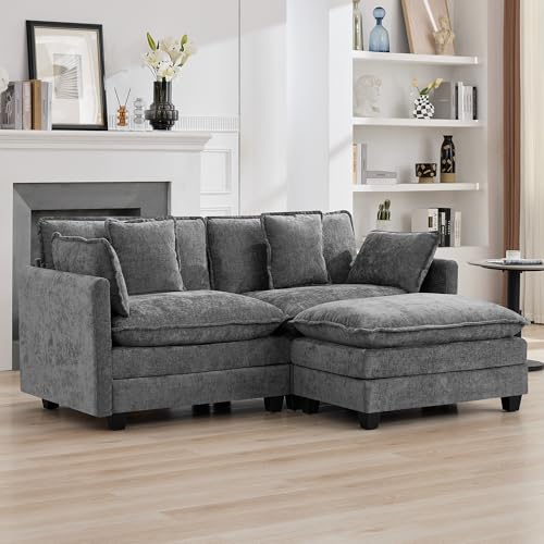 76'' Cloud Deep Seat Loveseat Sofa, Upholstered Chenille Modular 2-Seats Sectional Sofa Couch with Movable Ottoman, Modern Comfy Settee Loveseat for Living Room Set, Small Apartment, Grey - color: Grey, size: 76'' L Shape