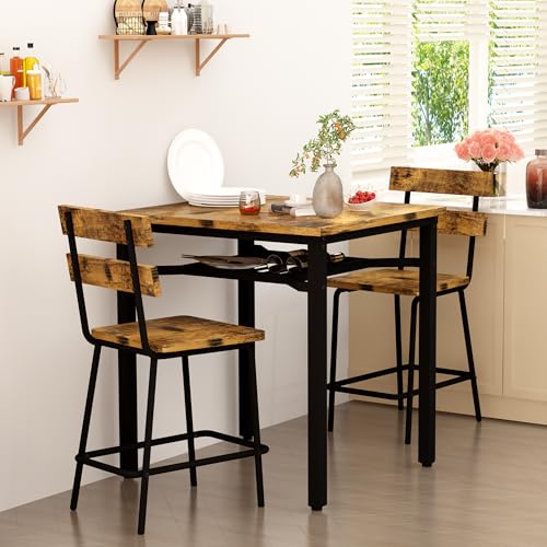 Hooseng 3 Piece Bar Table and Chairs Set, Counter Height Small Dining Table with 2 Bar Stools, Farmhouse Square Kitchen Table with Storage for Bistro, Pub, Small Space - color: Brown