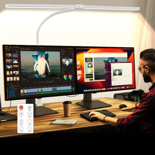 LED Desk Lamp with Clamp, Dual Head Monitor Light, Remote | 24W Dimmable Eye-Caring Task Lamp with Timer, Anti-Glare Cover and Gooseneck for Home Office Dorm Workbench and Study - color: White-31.5in