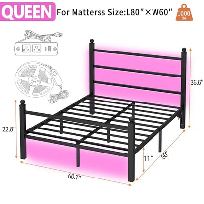 CLIBFENG Queen Size Bed Frame with Headboard and Footboard,Steel Slats Support-LED Bed Frame with USB Charging Station,Mattress Foundation-Under Bed Storage,No Box Spring Needed,Noise Free,Black - size: Queen, style: Black