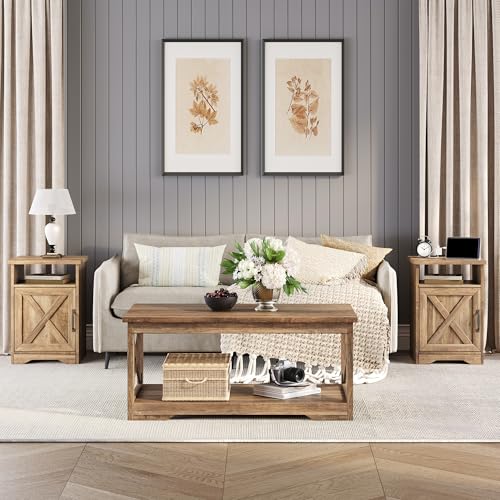 3 Piece Living Room Table Set with Barn Door, Barnwood | Includes Coffee Table and 2 End Tables, Charging Station &USB Ports, Rustic Farmhouse Style, Living Room Furniture Set - color: Barnwood