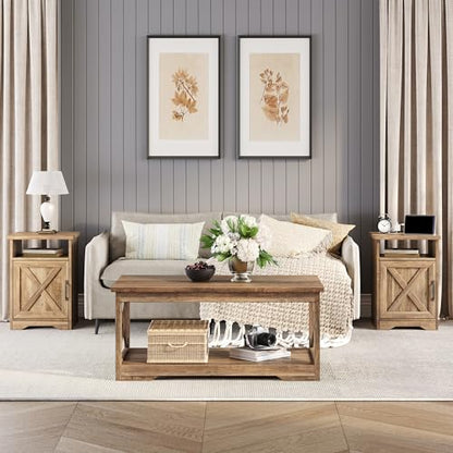 3 Piece Living Room Table Set with Barn Door, Barnwood | Includes Coffee Table and 2 End Tables, Charging Station &USB Ports, Rustic Farmhouse Style, Living Room Furniture Set - color: Barnwood