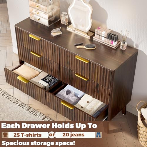 6-Drawer Dresser Fluted Drawers, Mid-Century, Walnut | 47.2"W x 15.4"D x 32.3"H, 130 lbs top / 40 lbs per drawer (7.7"H), 6 fluted drawers, gold handles, anti-tip straps - size: 15.4"D x 47.2"W x 32.3"H (6 Drawers)