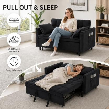 3 In 1 Velvet Convertible Sofa Bed, Pull Out Couch Bed with Reclining Backrest And 2 Pillows, 54" Full Size Loveseat Sleeper Sofa Futon Couch Bed, Couches For Small Spaces, Living Room (Black) - color: Black