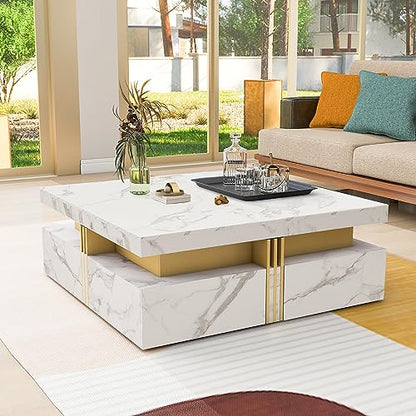 Modern White Square Storage Coffee Table with 4 Drawers for Living Room - color: White1