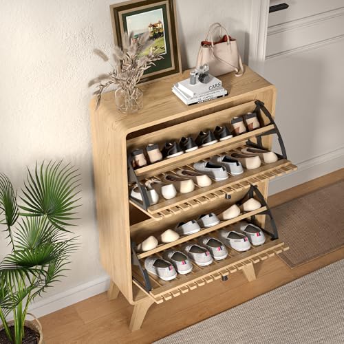 Jluomei Narrow Shoe Cabinet Storage for Entryway, Modern Cabinet Rack with 2 Flip Drawers, Slim Wood Fluted Entry Way Shoe Organizer, Wooden, Small, Farmhouse, Freestanding, Natural Oak - color: Natural