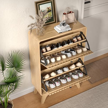 Jluomei Narrow Shoe Cabinet Storage for Entryway, Modern Cabinet Rack with 2 Flip Drawers, Slim Wood Fluted Entry Way Shoe Organizer, Wooden, Small, Farmhouse, Freestanding, Natural Oak - color: Natural