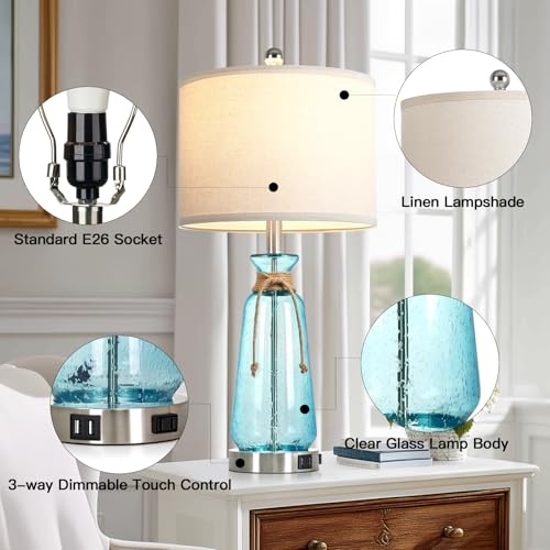 Rinweey 26" Coastal Lamps for Living Room Set of 2,3-Way Dimmable Bedside Lamps with USB Ports and AC Outlet, Nautical Lamps for Nightstand Bedroom Living Room,Teal - color: Coastal
