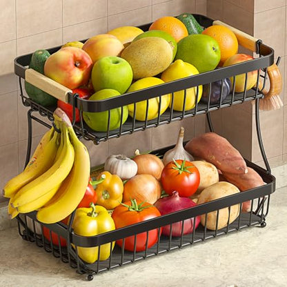 2-Tier Fruit Basket with Banana Hangers, Detachable Metal Bowl | Wooden handle, protective mats included. Versatile holder for bread, snacks, and veggies. Extra Large 2 tier metal design. - color: Black, size: 2 Tier Extra Large