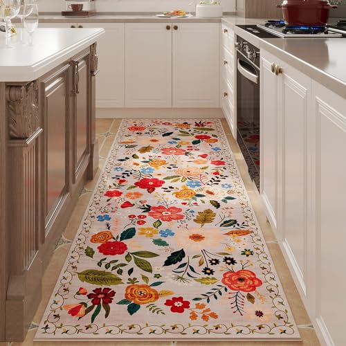 Rugcomf Runner Rug for Hallways Kitchen Rug Non Slip 2'x 6' Washable Rugs with Rubber Backing Soft Floral Carpet Runner for Hallways, Kitchen, Laundry, Bedroom, Bathroom(Beige) - color: Beige, size: 2' x 6' (Rectangular)
