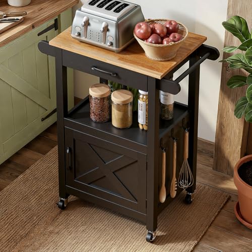 VINGLI Small Kitchen Island Cart on Wheels with Storage, Black | 29"W Rolling Microwave Stand with Drawer,Open Shelf, Towel Bars and Hooks, Rubberwood Top - size: 33"
