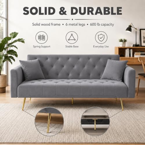 Anwick 72''Modern Velvet Sofa Bed Futon,Convertible Folding Sleeper Couches with 3 Adjustable Backrests,Tufted Recliner Loveseat with Golden Chrome Legs for Living Room Apartment Office (Dark Grey) - color: Dark Grey