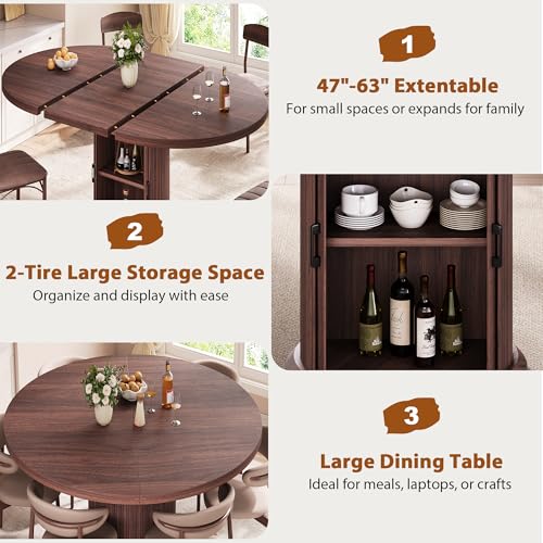 Jocoevol 47″–63″ Extendable Round Dining Table for 4–8 with Dust-Proof 2-Tier Storage Shelf Space Saving Expandable Wood Oval Circle Dinner Furniture with Pedestal Base (Brown) - color: Brown