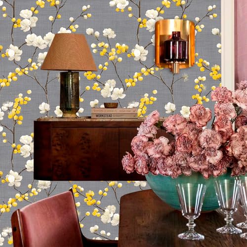 Elegant Chinoiserie White Plum Blossom Golden Bud Motif Peel and Stick Wallpaper Easy Peel Off Contact Paper Stick on Adhesive Wall Paper for Bathroom Waterproof Renter 17.71"x118.1" - color: LD-136a, size: 17.7" x 118"