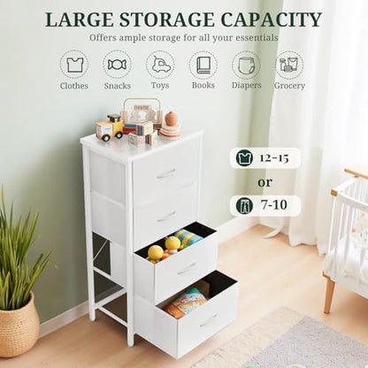 4 Drawer Dresser for Bedroom, Fabric Storage Drawer Unit with Wooden Top Steel Frame, Closet Organizer Chest of Drawers for Bedroom, Entryway, Dorm, White