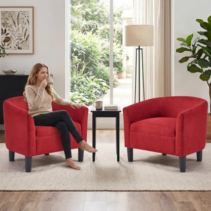 Oversized Accent Chair with Ottoman, 23.2" W Oversized Club Chair with Ottoman Set, Comfy Fabric Barrel Reading Chairs for Living Room Bedroom, Round Reading Chair with Foot Rest, Red - color: Red, size: Large