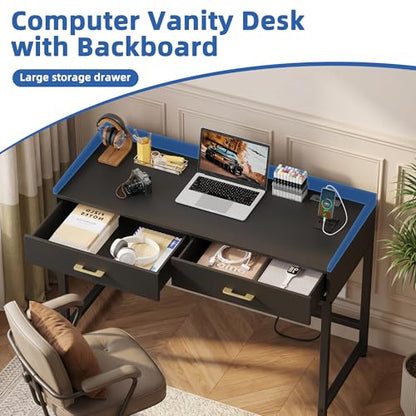 Small Desk with 2 Drawers & Charging Station, 39.4", Black | 2 AC & 2 USB Ports, Ball Bearing Drawer Slides, Compact Design for Bedrooms & Small Spaces