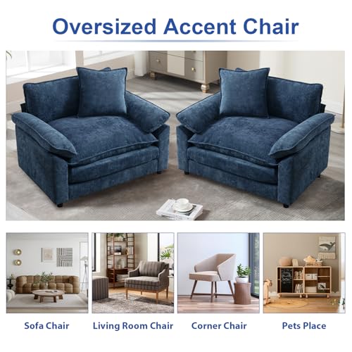 Oversized Chair with Ottoman, Comfy Chenille Accent Chair Large Upholstered Armchair with Thick and Deep Seat Lounge Chair for Living Room,Bedroom,Apartment, Blue - color: Blue, size: 1(chair+ottoman)