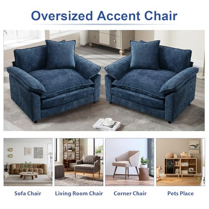 Oversized Chair with Ottoman, Comfy Chenille Accent Chair Large Upholstered Armchair with Thick and Deep Seat Lounge Chair for Living Room,Bedroom,Apartment, Blue - color: Blue, size: 1(chair+ottoman)