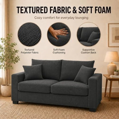 69'' Loveseat Sofa,Modern Fabric 2-Seater Sofa with 2 Pillows(Dark Grey) | Small Couches for Living Room, Office,Apartment, Small Spaces,21 in Deep Seat - color: Dark Grey