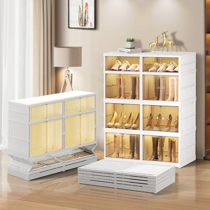 CIMLORD 4-Tier Foldable Shoe Rack Organizer for Boots, 16 Pairs, White | Collapsible Large Plastic Shoe Cabinet Storage, Fits Tall Boots, Stackable with Lids, Easy Assembly, for Closet & Entryway - size: 4 Tiers 16 Pairs