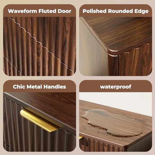 5-Drawer Dresser Fluted Drawers, Mid-Century, Walnut | 31"W x 15.4"D x 48"H, 130 lbs top / 40 lbs per drawer (7.7"H), 5 fluted drawers, gold handles, anti-tip straps - size: 15.4"D x 31"W x 48"H (5 Drawers)