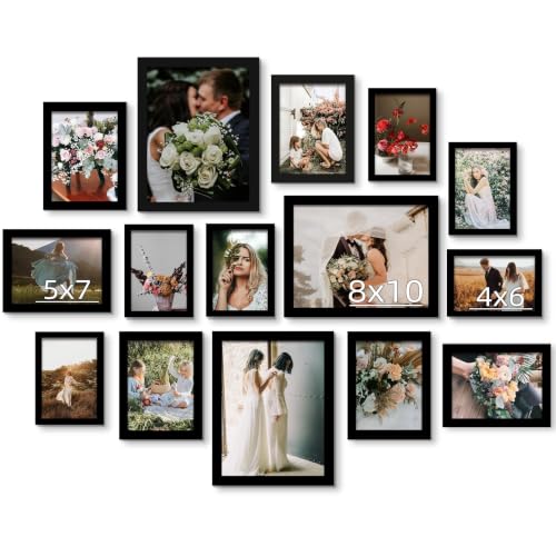 BESCRCL 15 Pack Real Glass Picture Frames Collage Wall Decor, Including 3pcs 8x10, 6pcs 5x7, 6pcs 4x6 Photo Frames for Gallery Wall or Tabletop Display, Black - color: Black