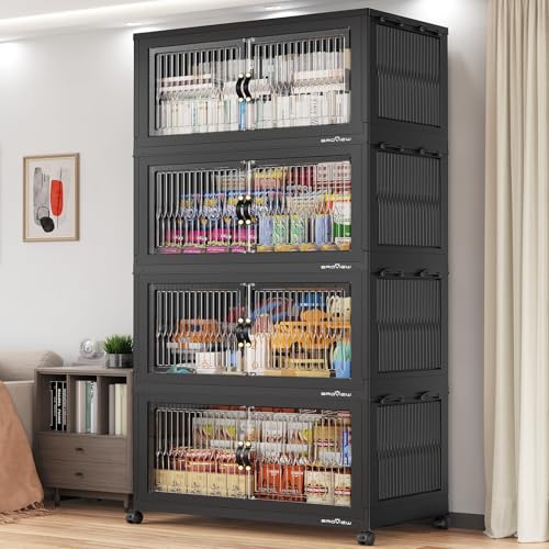 BROVIEW 800Qt Stackable Storage Bins with Lid for Home Dorm, 4Pack Black | Closet Organizers, Foldable & Collapsible Cabinets, Large Containers, Wheels & Magnetic Doors, Plastic Drawers for School - color: Black, size: 200QT-4Pack