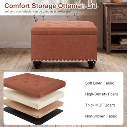 Ottoman with Storage, Fabric Ottoman Foot Rest 24" Rectangle Tufted Foot Stools Ottomans with Hinged Lid Upholstered Button Ottomans for Bedroom Living Room Entryway, Rust - color: Rust