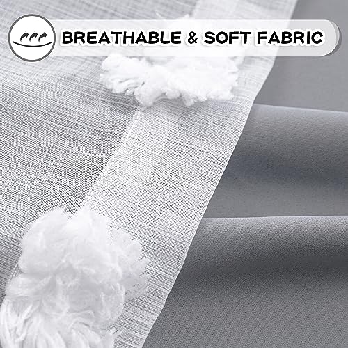 MYSKY HOME Grey Curtains for Bedroom - 54 Inch Long, Double Layer, White Pom Pom, Sheer, Grommet, Darkening, Small Window, 2 Panels, 52 x 54 in - color: Grey, size: 52"W x 54"L (Pack of 2)