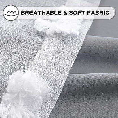 MYSKY HOME Grey Curtains for Bedroom - 54 Inch Long, Double Layer, White Pom Pom, Sheer, Grommet, Darkening, Small Window, 2 Panels, 52 x 54 in - color: Grey, size: 52"W x 54"L (Pack of 2)