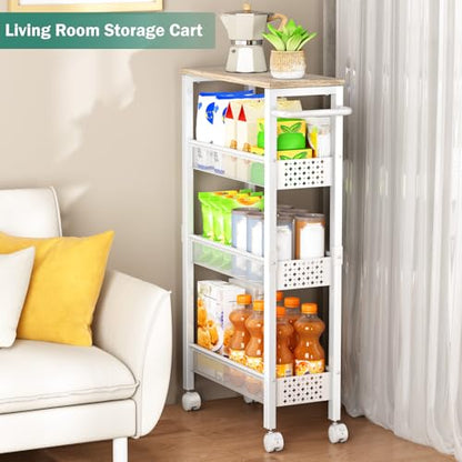 Vivihomety 4-Tier Slim Utility Rolling Laundry Cart with Wheels, Metal | Narrow 7.1" wide, Lockable wheels, wood top panel, metal frame, with handle, for laundry, bathroom, kitchen, white - color: White, size: 7.1 inch wide