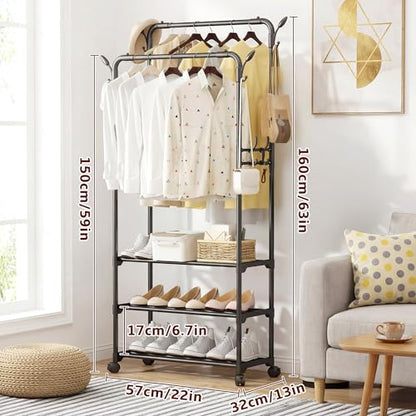 Double Rod Rolling Metal Clothes Rack | Freestanding Garment Organizer With Wheels, Hooks & Shelves, Multi-Functional Storage For Shoes, Clothes & Bags, Ideal For Bedroom Laundry Living Room