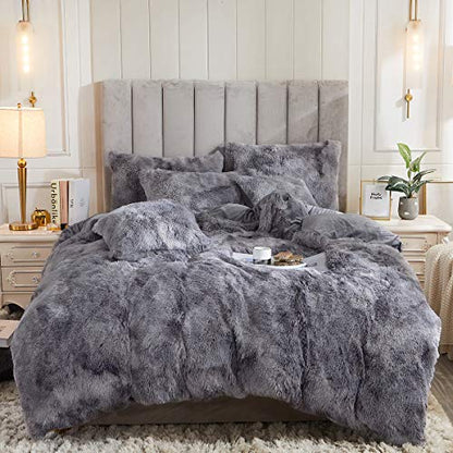 Tie Dye Printed Faux Fur Bedding Set Modern Abstract Shaggy Plush Duvet Cover with Pillow Sham, Ultra Soft Warm (Twin, Tie Dye Gray) - color: Tie Dye Gray, size: Twin