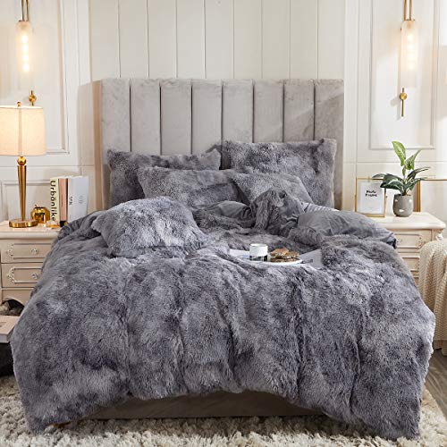Tie Dye Printed Faux Fur Bedding Set Modern Abstract Shaggy Plush Duvet Cover with Pillow Shams, Ultra Soft Warm (Queen, Tie Dye Gray) - color: Tie Dye Gray, size: Queen