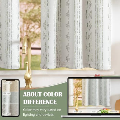 jinchan Boho Blackout Kitchen Tier Curtains, 36 Inch, Green on Beige | Green geometric print on warm beige, soft blackout backing, 2 panels, rod pocket, for kitchens, bedrooms, RVs and campers - color: Blackout Backing | Green on Beige, size: 25"W x 36"L