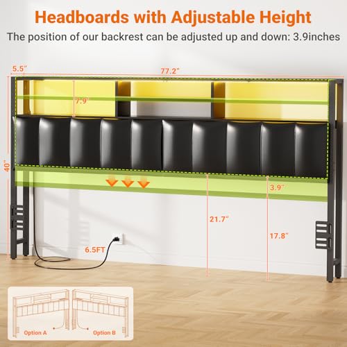 Aheaplus Headboard for King Size Bed with Storage, Upholstered Headboards with Outlets, USB Ports and LED Light, Reversible King Size Head Board, Height Adjustable, Comfortable Headboard, Black - color: Black, size: King, style: Upholstered