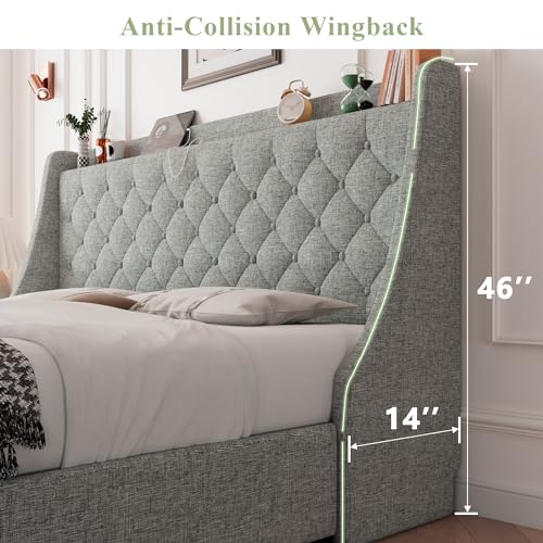Feonase King Size Bed Frame with 4 Storage Drawers, Storage Bed with Charging Station, Tufted Wingback Headboard, No Box Spring Needed, Light Grey - color: Light Grey, size: King