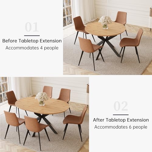 HIPIHOM 43.2"-59.1" Extendable Round Dining Table | Mid century modern oak finish, MDF board, space saving design, for 4-6 person, kitchen & coffee table - color: Oak Table, size: Oak Table