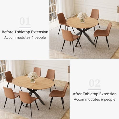 HIPIHOM 43.2"-59.1" Extendable Round Dining Table | Mid century modern oak finish, MDF board, space saving design, for 4-6 person, kitchen & coffee table - color: Oak Table, size: Oak Table
