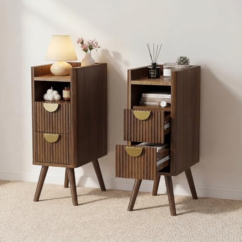 Narrow Nightstand with Drawers,Tall Skinny Bedside Table Dorm Walnut | Small Side Table Set of 2 for Bedroom, Slim End Table for Livingroom, Boho Style Marble Nightstand - color: Walnut, size: 2