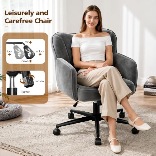 DurayLoly Desk Chair with Shell Back & 360° Swivel Wheels | Comfy Velet Vanity Chair,Adjustable Height,Stylish and Comfortable for Makeup, Work & Relaxation,Dark Grey - color: Dark Grey