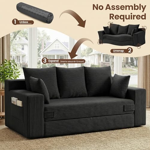 Boneless Couches 70 inch: 3-in-1 Convertible Sofa Bed Futon Couch Bed, Oversized Loveseat Sleeper Sofa with 5 Pillows, Black Small Couch for Living Room, Bedroom & Small Space - color: Black, size: 70 Inch