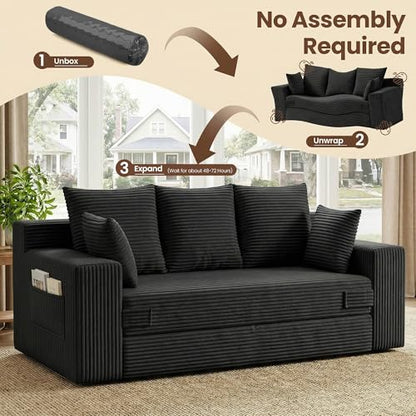 Boneless Couches 70 inch: 3-in-1 Convertible Sofa Bed Futon Couch Bed, Oversized Loveseat Sleeper Sofa with 5 Pillows, Black Small Couch for Living Room, Bedroom & Small Space - color: Black, size: 70 Inch