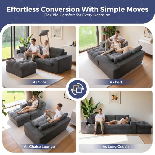 MAXYOYO Boneless Couch, 96-Inch L-Shaped Cloud Couch with Ottoman | Dark Grey Layered Cushion and Flexible Modules Create an Upholstered Sofa in a Box, No Assembly for Spacious Living Rooms. - color: Dark Grey, size: 96" L Shape